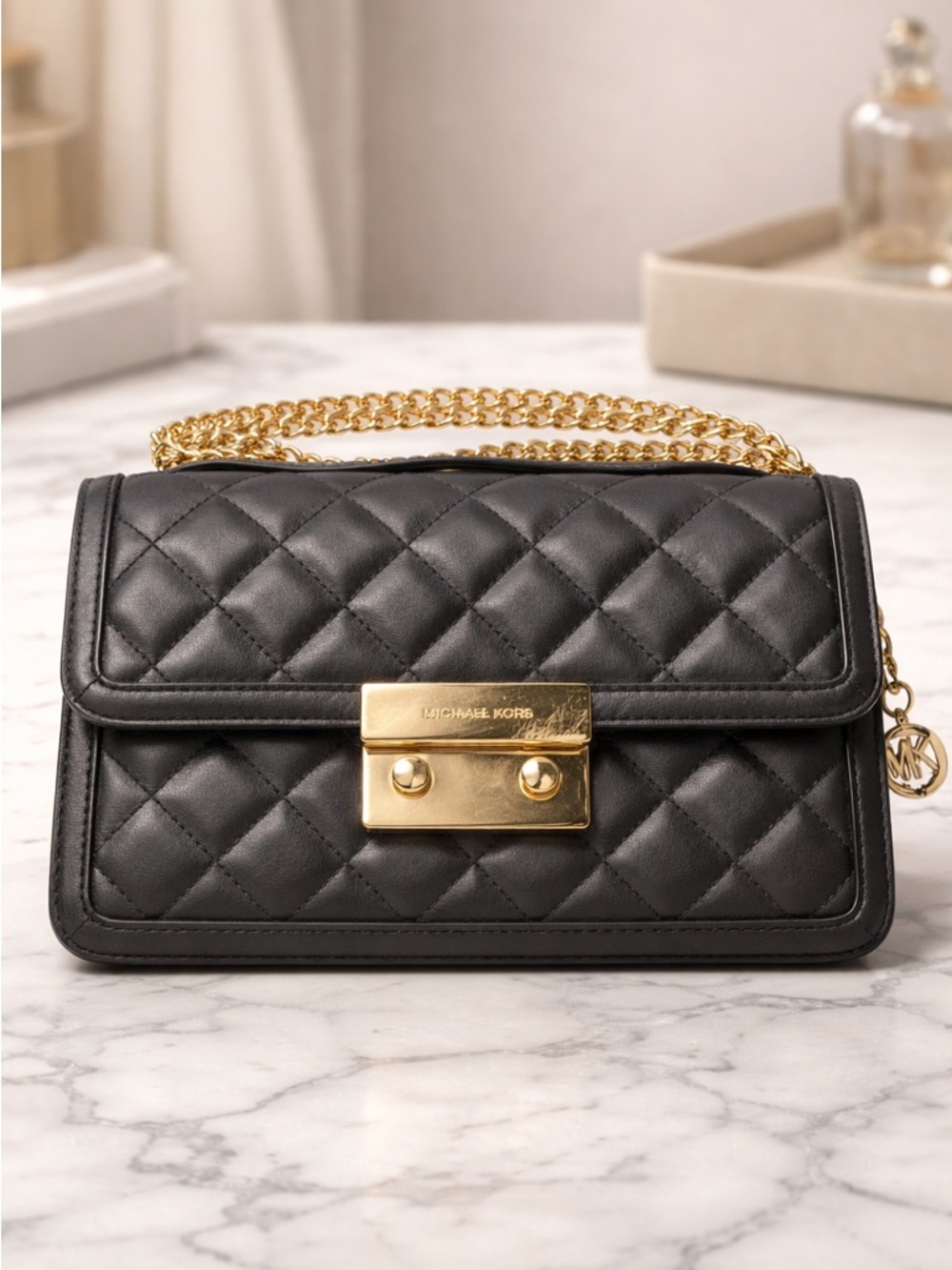 Michael Kors Black Quilted Leather Crossbody with Gold Chain